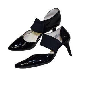 Andrew Geller Tibby Black Patent Heel Pumps Size 8 Pointed Toe Ankle Strap